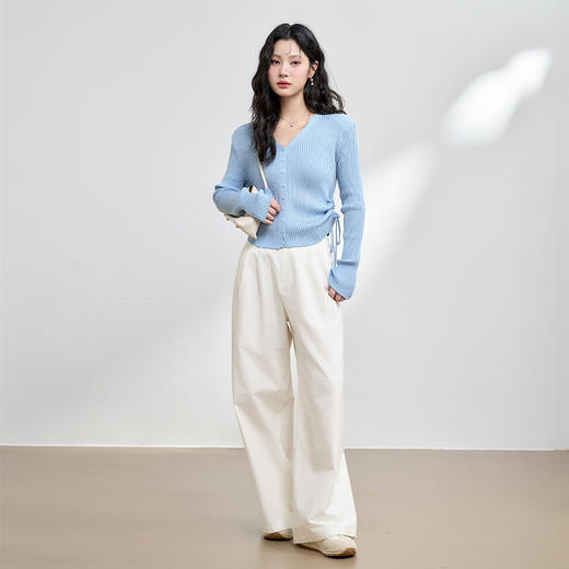 西遇长袖毛衣新款法式v领设计感抽绳褶皱修身显瘦针织衫P0043239 商品图1