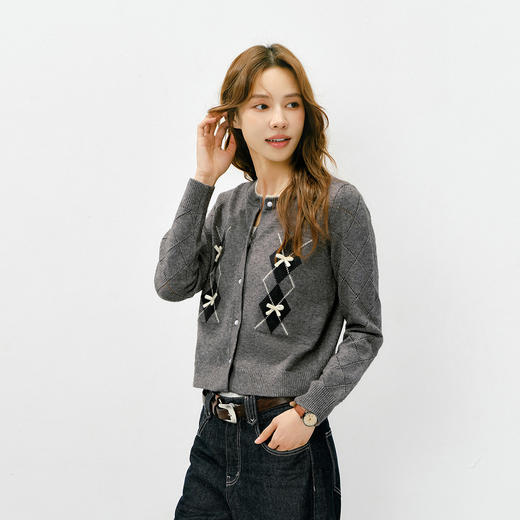 森马针织开衫女冬季短款蝴蝶结菱格假两件2025新款甜美少女感毛衫 商品图2