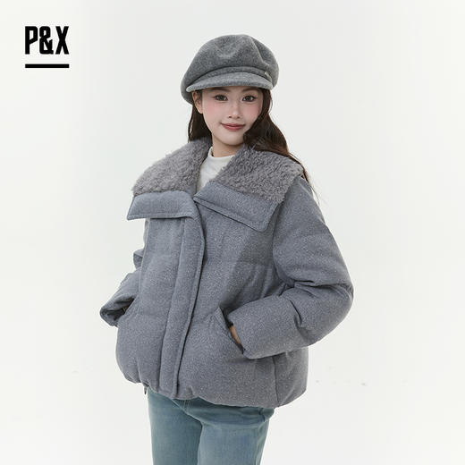 P&X设计师女装2025冬季羊羔绒翻领时尚短款羽绒服825424060 灰色 商品图3