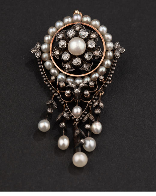 独角鹿西洋古董1870年代维多利亚出品金银叠打镶嵌天然海水珍珠及钻石胸针耳坠套件 商品图6