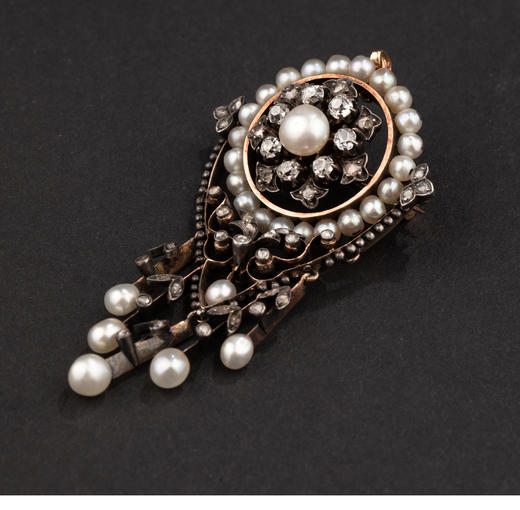 独角鹿西洋古董1870年代维多利亚出品金银叠打镶嵌天然海水珍珠及钻石胸针耳坠套件 商品图7