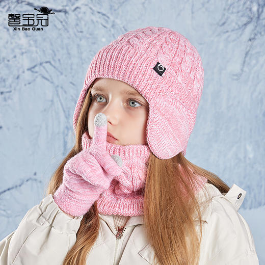 儿童帽子冬季保暖三件套加绒护耳套头帽帽子围脖手套三件套男女童针织加绒帽冬季保暖 商品图2