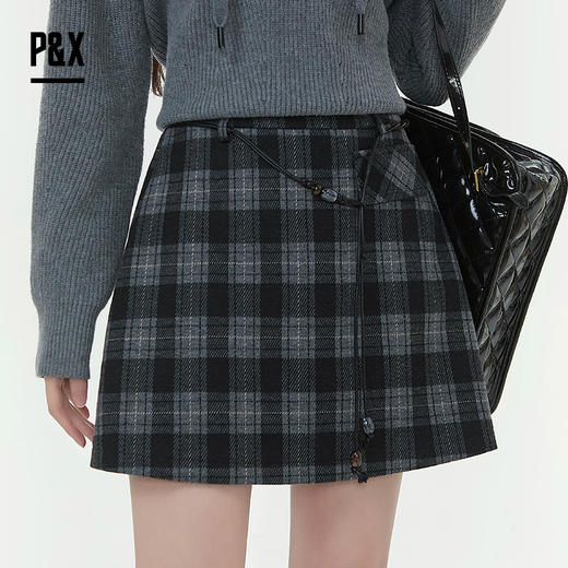 P&X设计师女装2025冬季A字包臀格纹百搭半身短裙825407090 格子 商品图0