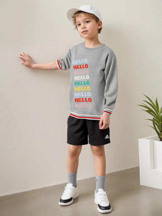 🎁【满赠活动】MOKA莫卡儿童羊绒衫 都市节奏系列hello （手动嵌花彩色字母撞色边套头衫） 商品图0