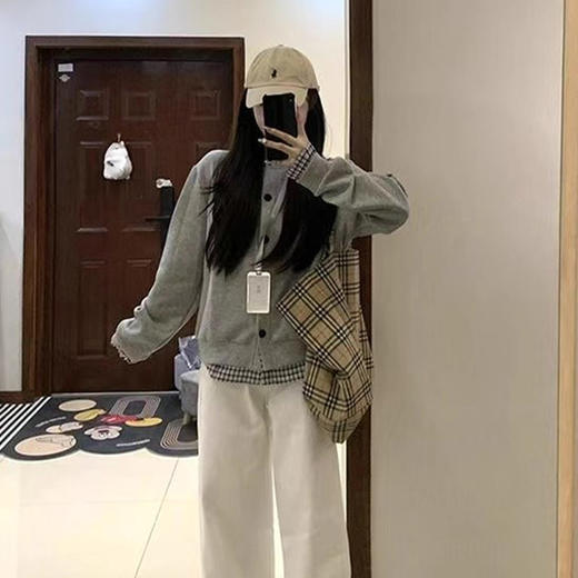 西遇假两件格子拼接毛衣外套女冬新款学院风圆领灰色针织开衫SS051855 商品图2