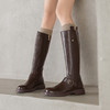 3.5cm~美拉德风真皮高筒靴，皮带扣骑士靴不过膝长靴粗跟棕色编织OLD-w1-22 商品缩略图1