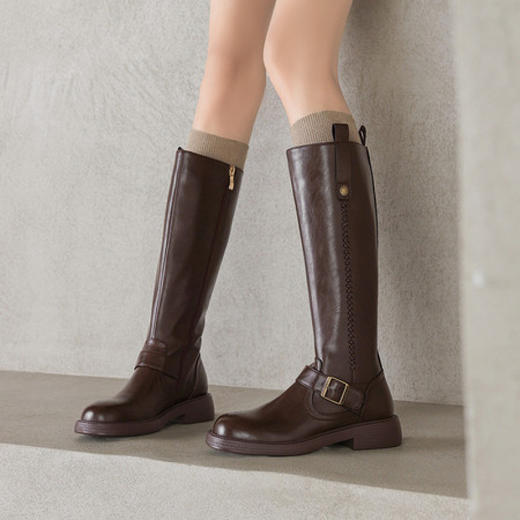 3.5cm~美拉德风真皮高筒靴，皮带扣骑士靴不过膝长靴粗跟棕色编织OLD-w1-22 商品图1