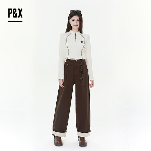 P&X设计师女装2025冬季口袋阔腿裤通勤牛仔长裤825410179 咖色 商品图5