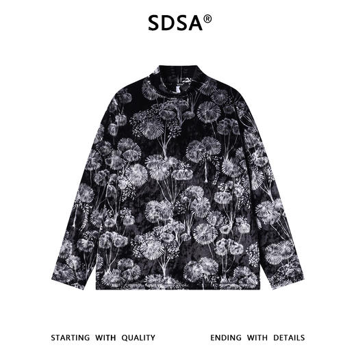 SDSA男士秋冬新款痞帅男装简约撞色植绒花卉半高领长袖T恤百搭潮 商品图0