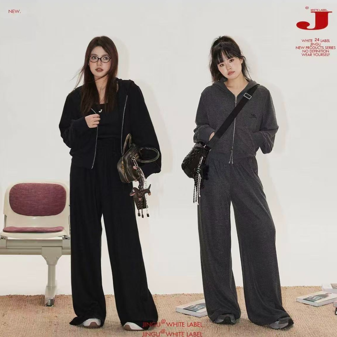 晶咕白标~加绒黑色灰色带帽绒感拉链连帽外套阔腿裤休闲运动