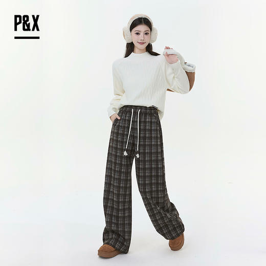P&X设计师女装2025冬季格子格纹百搭呢料休闲长裤 825409165 咖色 商品图3