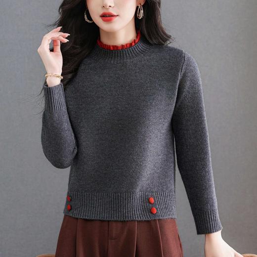 半高领毛衣深灰撞色木耳边领，红色纽扣针织打底衫CC-103-3317 商品图0