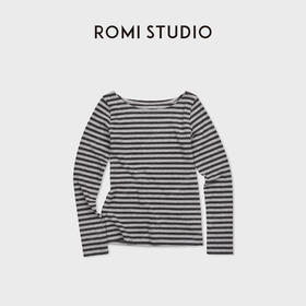ROMI STUDIO“法式慵懒”双线冚车撞色条纹船领长袖T恤 RWDSS61601
