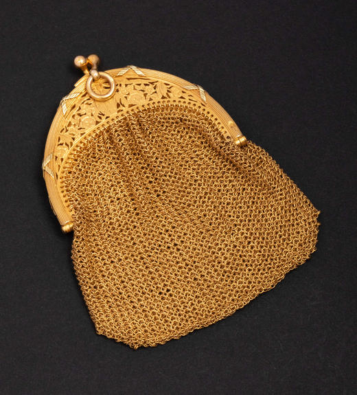 独角鹿西洋古董1900年代法国出品新艺术风格自然花叶纹精雕装饰18K黄金网状编织零钱包 商品图3