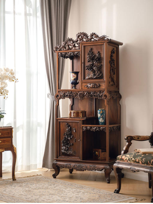 独角鹿西洋古董20世纪初法国出品维多东方风格高浮雕祥龙花纹装饰缅甸花梨木多宝阁 商品图0