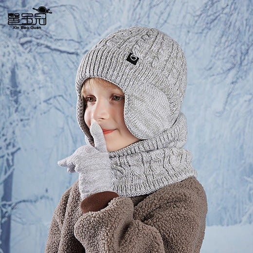 儿童帽子冬季保暖三件套加绒护耳套头帽帽子围脖手套三件套男女童针织加绒帽冬季保暖 商品图3