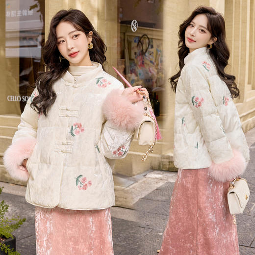 HR HJY257753中式羽绒服气质优雅国风白鸭绒外套狐狸毛袖口 商品图3