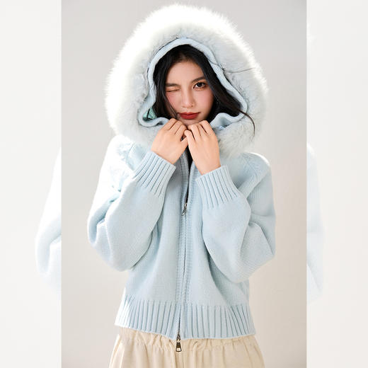 西遇双拉链毛领连帽毛衣外套女冬季新款蓝色短款软糯针织衫SS051861 商品图1