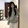 西遇假两件格子拼接毛衣外套女冬新款学院风圆领灰色针织开衫SS051855 商品缩略图1