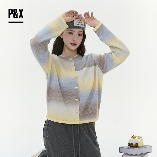 P&X设计师女装2025冬季开衫小香风圆领毛衣拼色825418184 花色 商品图7