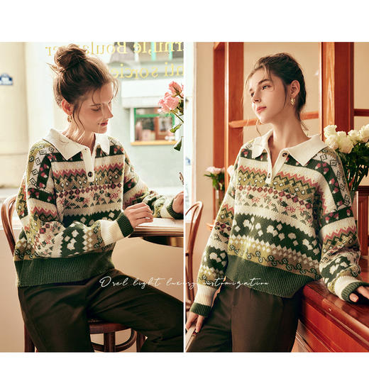 OLrain欧芮儿法式套头毛衣女秋季2025年新款趣味提花polo领针织衫 商品图1