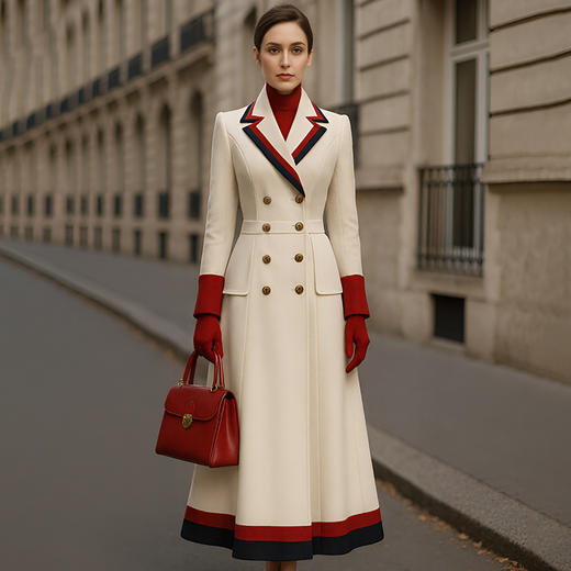 2025新款秋冬拼色毛呢大衣，法式金属双排扣长款风衣外套OY250480 商品图0