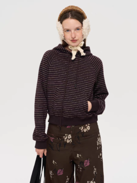 local tag/lt25awk52/香料朗姆 暗紫红条纹提花前插袋连帽针织修身卫衣