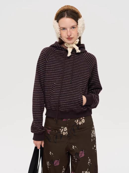 local tag/lt25awk52/香料朗姆 暗紫红条纹提花前插袋连帽针织修身卫衣 商品图0