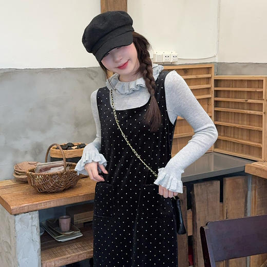 西遇丝绒波点连衣裙女冬季新款高领喇叭袖针织衫连衣裙套装SS051856/SS051857 商品图2