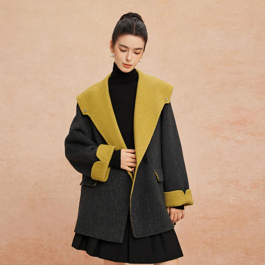 QH933斯尔丽2025秋冬新品大翻领双面呢时尚减龄含羊绒轻薄包容强大衣 商品图0