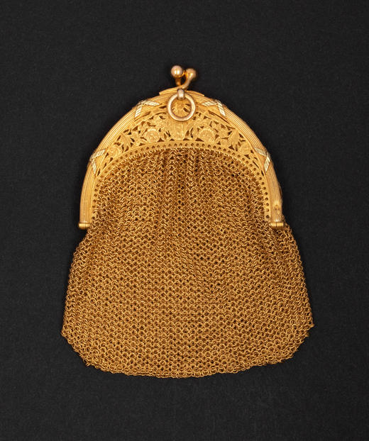 独角鹿西洋古董1900年代法国出品新艺术风格自然花叶纹精雕装饰18K黄金网状编织零钱包 商品图2