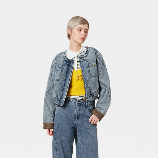 HERLIAN 2025冬季新品千鸟格袖口拼接牛仔短外套女士 商品图1