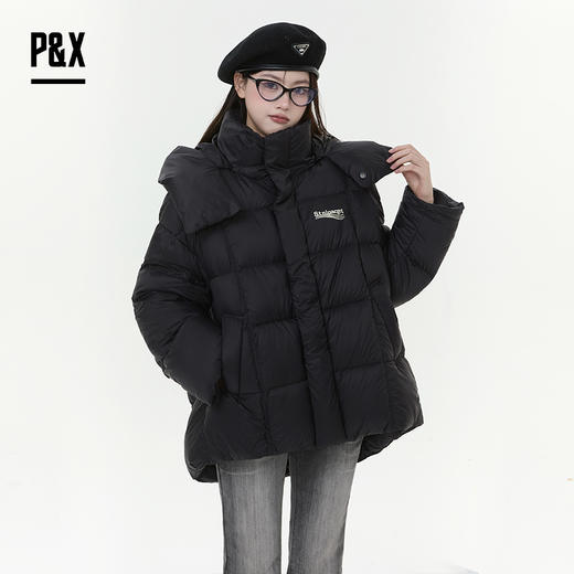 P&X设计师女装2025冬季宽松简约连帽短款羽绒服825424177 黑色 商品图1