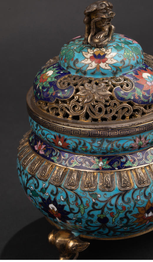 独角鹿西洋古董19世纪早期中国出品铜胎掐丝珐琅缠枝莲纹三足熏炉 商品图5