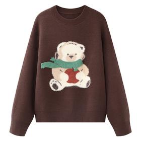 D112059棕色小熊毛巾刺绣软糯圆领毛衣女装宽松打底针织衫