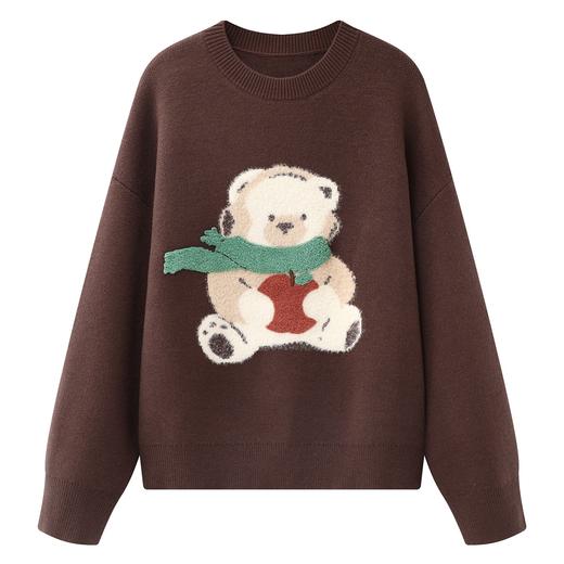 D112059棕色小熊毛巾刺绣软糯圆领毛衣女装宽松打底针织衫 商品图0