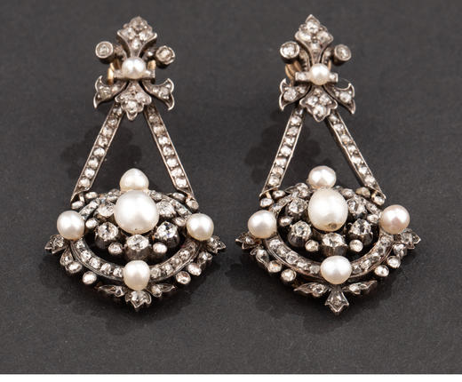 独角鹿西洋古董1870年代维多利亚出品金银叠打镶嵌天然海水珍珠及钻石胸针耳坠套件 商品图4