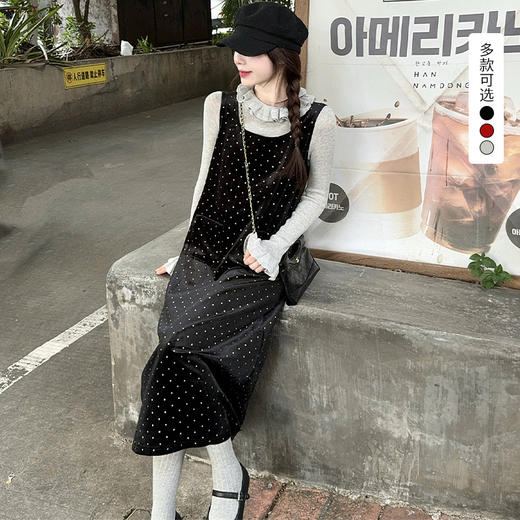 西遇丝绒波点连衣裙女冬季新款高领喇叭袖针织衫连衣裙套装SS051856/SS051857 商品图0