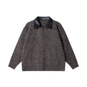 SDSA男士秋冬新款痞帅男装简约拼皮拉链翻领开衫毛衣百搭舒适外套