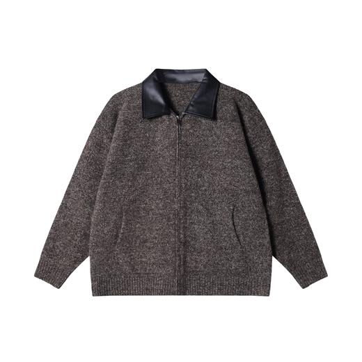 SDSA男士秋冬新款痞帅男装简约拼皮拉链翻领开衫毛衣百搭舒适外套 商品图0