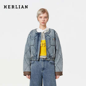 HERLIAN 2025冬季新品千鸟格袖口拼接牛仔短外套女士