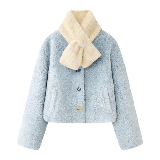 D112054浅黄色带围巾毛毛外套夹棉短款25秋冬季新款女装蓝色长袖上衣 商品图2