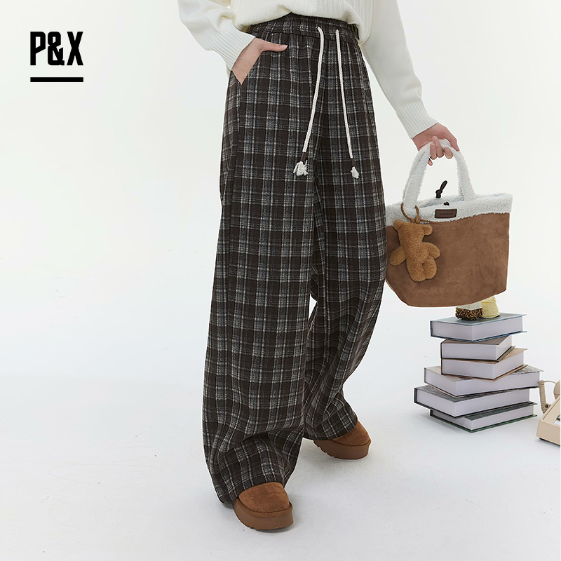 P&X设计师女装2025冬季格子格纹百搭呢料休闲长裤 825409165 咖色