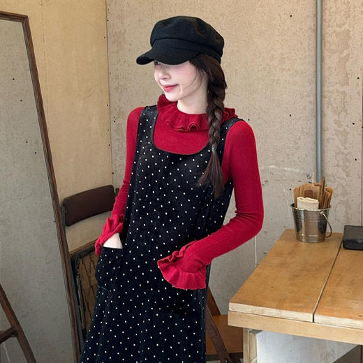 西遇丝绒波点连衣裙女冬季新款高领喇叭袖针织衫连衣裙套装SS051856/SS051857 商品图3