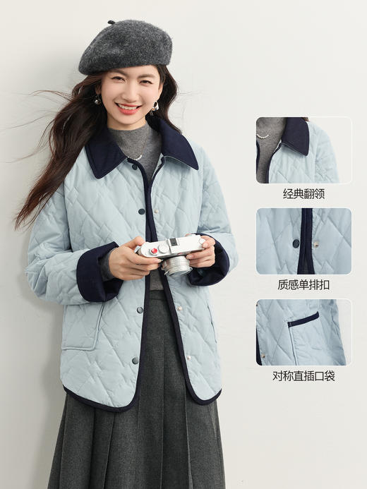 【周四狂欢价】熙世界学院蓝巴恩风棉服女短外套秋冬撞色翻领菱格棉衣 商品图1