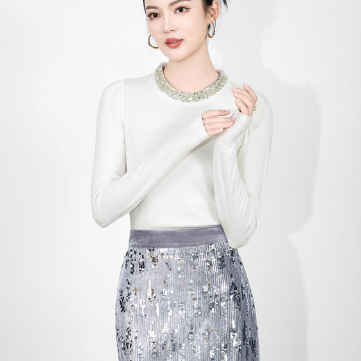 「高货wl」全新升级【铂金会员183/天猫249/差价66】(03615)洛诗琳抓绒坑条针织上衣2025秋冬气质亮片钉珠圆领打底衫 商品图3