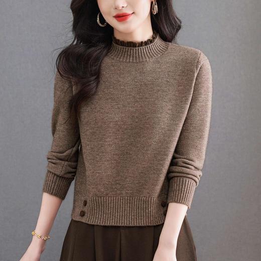 半高领毛衣深灰撞色木耳边领，红色纽扣针织打底衫CC-103-3317 商品图2