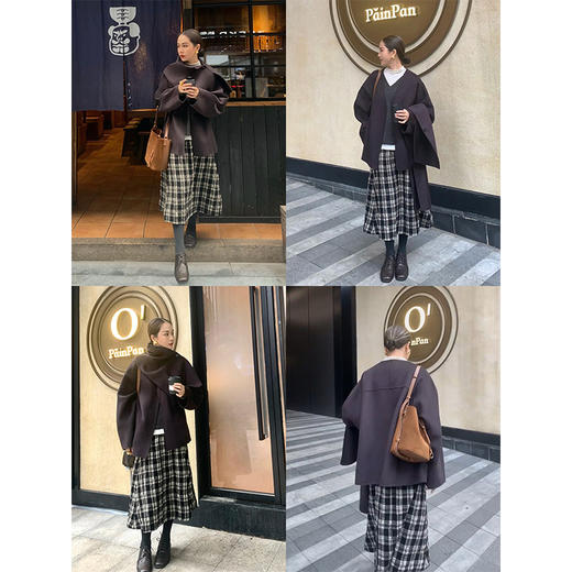 HIDEMI 深咖色分体披肩式纽扣设计感美利奴羊毛双面呢大衣外套女 商品图1