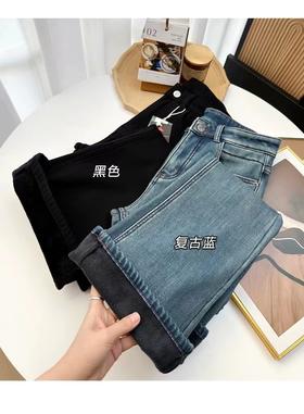 D112017加厚绒微喇裤女2025年冬季高腰显瘦喇叭长裤