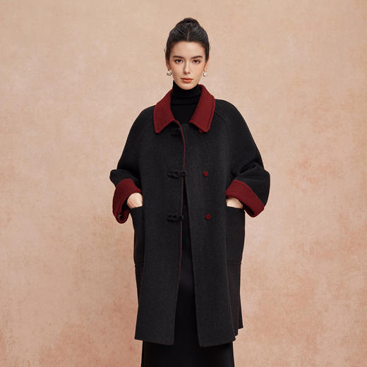 QH923斯尔丽25新款双面双色轻国风H身形盘扣简洁大方OL通勤羊毛大衣 商品图0